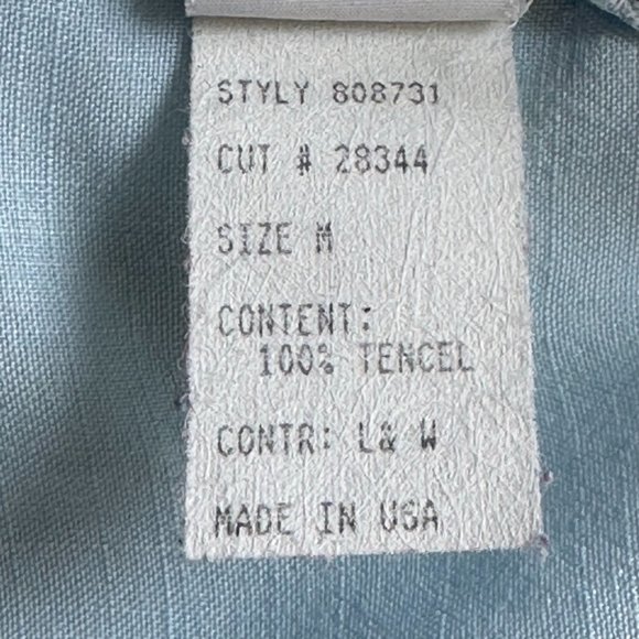 cut · loose Tencel Blouse Blue Ruffles USA M Button Up Tailored 3/4 Sleeve EUC - Picture 7 of 13